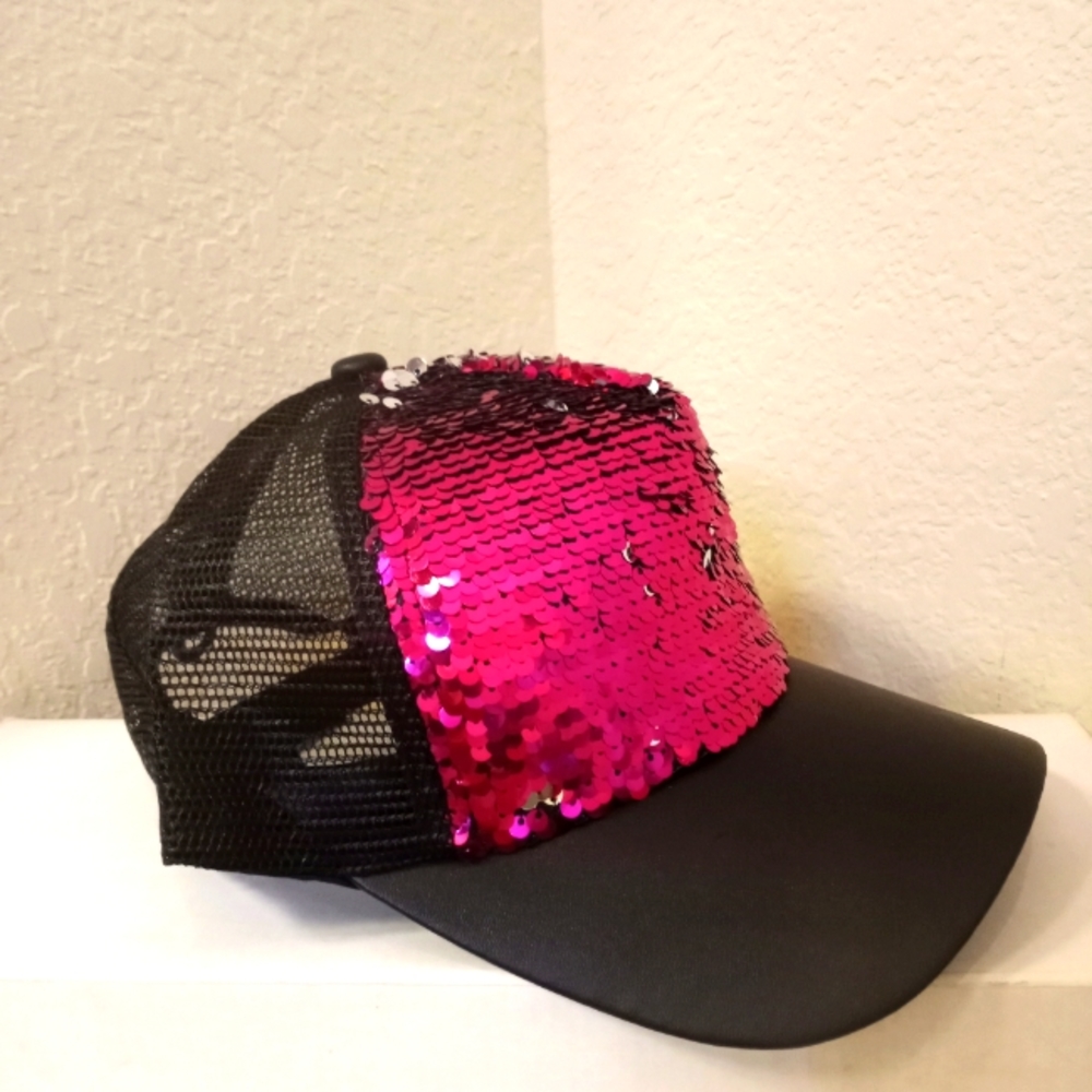 Pink Reversible Sequins Snapback Baseball Cap - Picture 3 of 6